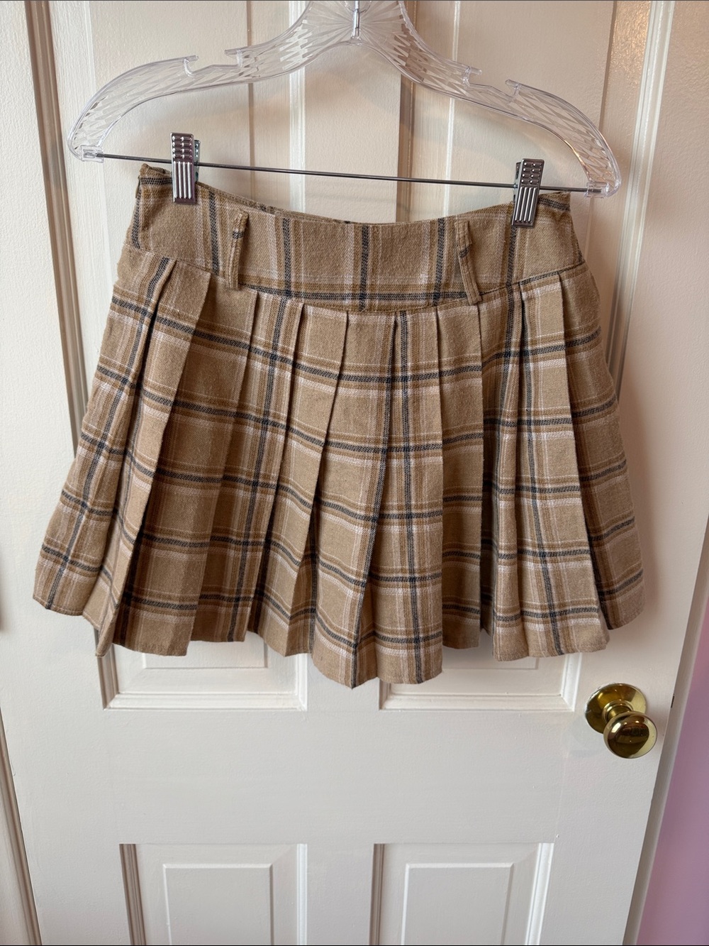 Plaid Pleated Mini Skirt - Tan